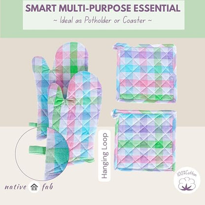 Native Fab 4 Piece Set - Gingham Check 2 Oven Mitts & 2 Potholders, Heat Resistant, 100% Cotton, Quilted Design, Non-Slip Grip, Ideal for Baking, Cooking, BBQ, Kitchen Protection, Multicolor - color: Gingham Pastels