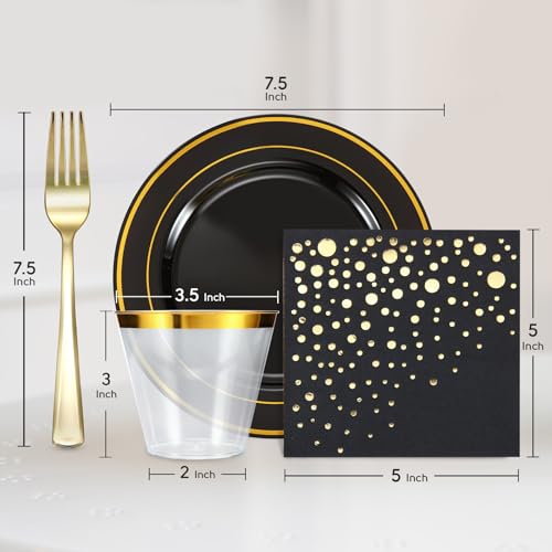 Black and Gold Dessert Plates Set, 100 Plates, Cups, Forks and Napkins | Sturdy plastic, cake service, appetizer tables, salad course, weddings, graduations, easy cleanup - color: Black, style: Plates,Forks,Napkins and Cups