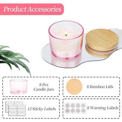 CONNOO 8 Pack 12 OZ Pink Glass Wide Mouth Candle Jars | Airtight Bamboo Lids, Sticky Warning Labels, Empty Container Bulk, Dishwasher Safe - color: Pink