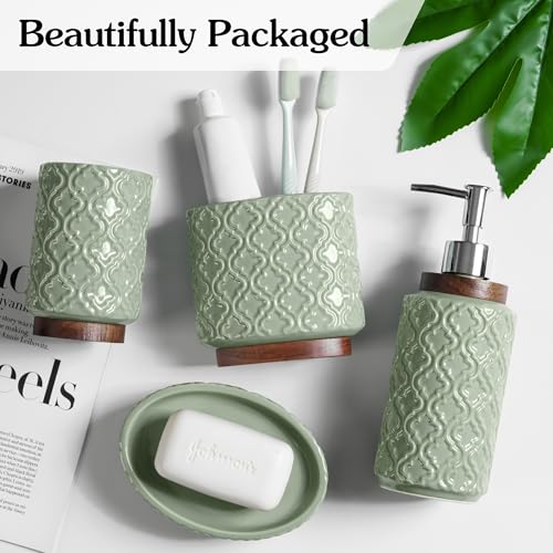 RQYIXI Ceramic 4-Piece Bathroom Accessories Set,Sage Green | Countertop Essentials Embossed Textured Design Solid Wood Non-Slip Detail Sage Green Finish - color: Green, size: Embossed Textured-4-Piece
