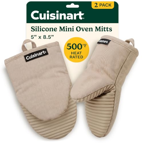 Cuisinart Mini Oven Mitts, 2-Pack 5"x8.5", Heat Resistant 500F | Compact pot holder for baking, air fryer, and cookware, silicone non-slip grip, hanging loop, fits either hand, wipes clean - color: Beige
