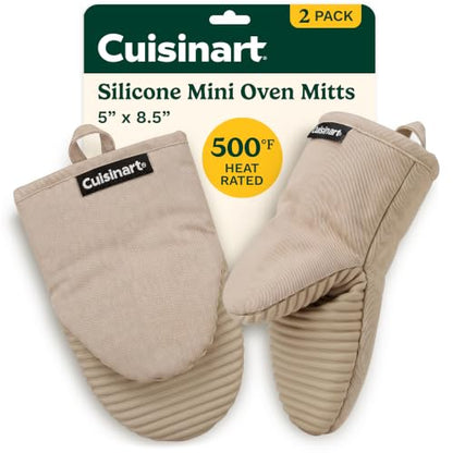Cuisinart Mini Oven Mitts, 2-Pack 5"x8.5", Heat Resistant 500F | Compact pot holder for baking, air fryer, and cookware, silicone non-slip grip, hanging loop, fits either hand, wipes clean - color: Beige