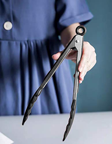 HINMAY 9-Inch Serving Tongs Silicone Tongs, Set of 3 (Black White Gray) - color: Black Gray White