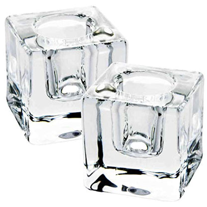 2PCS Square Glass Taper Candle Holders, Crystal Clear, Wedding & Dining | Crisp Transparency, Stable Base, 0.87" Taper Compatible, Light-Refracting, Modern Design, Event & Home Use