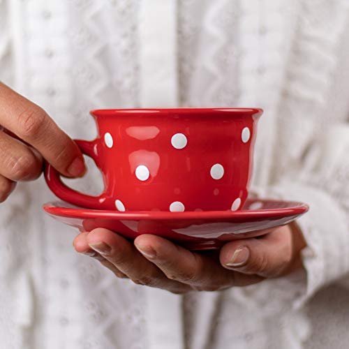 City to Cottage Handmade Red and White Polka Dot Ceramic 8.4oz/250ml | Cappuccino, Coffee, Tea Cup and Saucer, Unique Designer Pottery for Tea Lovers - color: Red - 8.5oz (250ml)