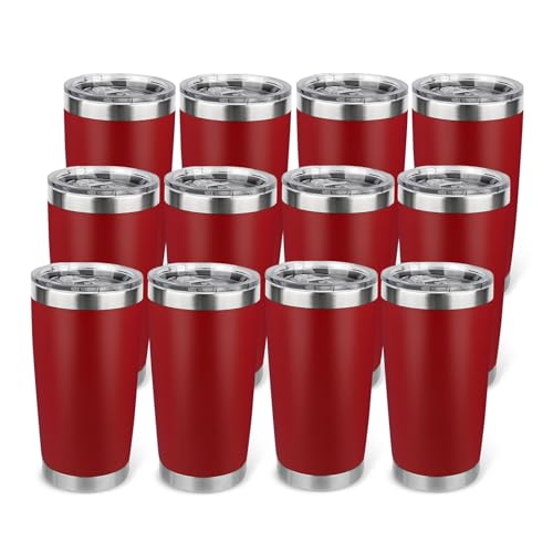 20oz Stainless Steel Tumbler Bulk with Lid, Travel Mug - Double Wall Vacuum Powder Coated Cup - Red, 12 Pack - color: Red, size: 12 Pack
