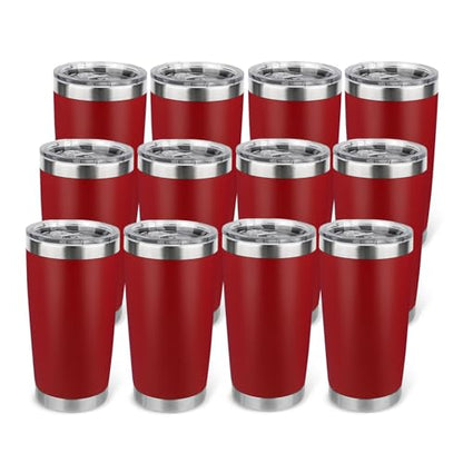 20oz Stainless Steel Tumbler Bulk with Lid, Travel Mug - Double Wall Vacuum Powder Coated Cup - Red, 12 Pack - color: Red, size: 12 Pack