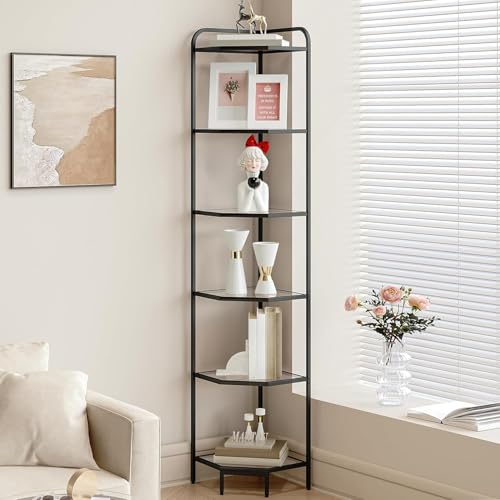 Hzuaneri Corner Shelf Stand, 6-Tier Glass Bookshelf Bookcase, Plant Stand | Bathroom Organizer Steel Frame, Tempered Glass, Modern Style for Living Room, Bathroom, Kitchen, Black CS90600B - color: Black, size: 6 Tier
