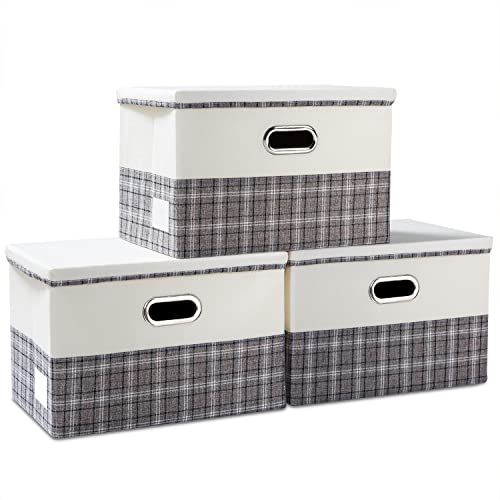 Large Collapsible Storage Bins with Lids [3-Pack] Fabric Foldable Storage Boxes Organizer Containers Baskets Cube with Cover for Home Bedroom Closet Office Gray plaid & Cream(17.7x11.8x11.8) - color: Gray plaid & Cream, size: L(3-Pack)