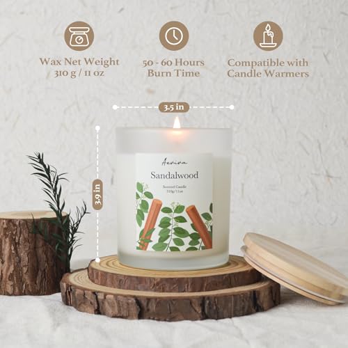 Sandalwood Scented Candle, 11oz 60 Hour Burn, Natural Soy Wax with Thick Cotton Wick, Highly Scented Aromatherapy Candle for Stress Relief & Meditation, Gifts for Women & Men