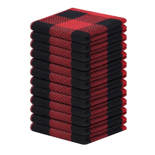 Homaxy 100% Cotton Check 12 Pack Dish Cloths, 12" x 12", Black & Red | Waffle Weave, Plaid, Super Soft and Absorbent Dish Rags, Quick Drying, Multi-Purpose - color: Black & Red, size: 12 x 12 - 12 Pack