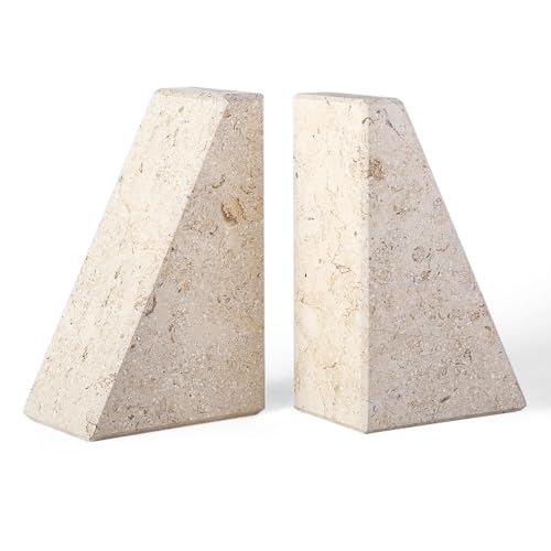 Karibiber Marble Bookends for Heavy Books, Decorative Book Ends for Shelves, Beige Stone Durable and Heavy-Duty Book Ends for Hardback Books & CDS, Unique Book Stopper & Holder, Set of 2 - color: Windsor Beige