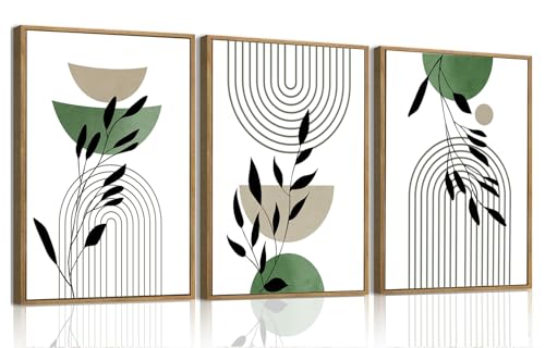 Boho Line Plants Framed Canvas Wall Art Set of 3, 16x24 inch | Mid Century Abstract Wall Decor, Sage Green Line Plant Prints, Bedroom Living Room Bathroom Art - color: Line Plants, size: 16"x24"Natural