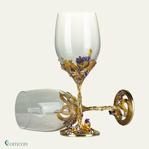 Comeon Flower Wine Glasses Hand Painted Wine Glasses Golden 2 Set | Golden Enamels Floral Design, Included Gift Box, Transparent Glass, Long Stem Crystal Red Wine Glasses, Champagne Glasses - color: Golden/ 2 set (gift box)
