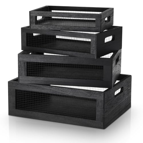 FillTouch 4 Pcs Wooden Nesting Countertop Baskets 4 Size Wooden Storage Box with Handle and Metal Wire Multipurpose Wood Organizer Crate for Fruit Vegetable Kitchen Cabinet Bathroom (Black,Small) - color: Black, size: Small