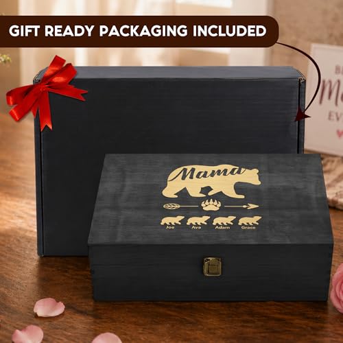 Personalized Wooden Memory Box for Mom – Custom Engraved Mama Bear Keepsake Box with Names, Mother’s Day Gift for Mom, Photo Storage & Memory Chest - style: 19. Mama Bear Designs