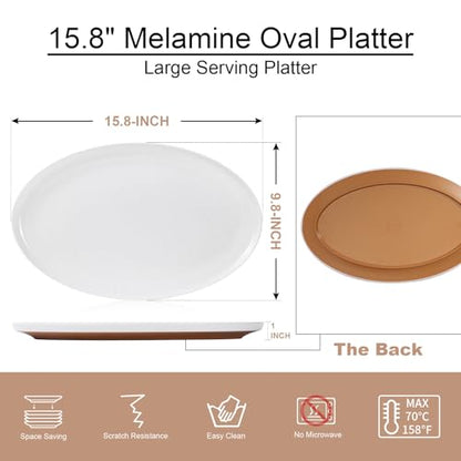 Webbylee ‌16" Melamine Oval Platter Set of 2 - Lightweight Durable Serving Tray for Party, Catering & Home | Dishwasher Safe, Fits Turkey/Charcuterie-White & Brown - color: White-Brown / 16-O, size: 15.8-inch