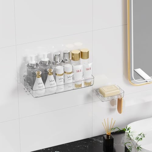 Crystal-Clear Shower Caddy with Soap Dish & Adhesive Pads, 2 Pack | Acrylic Wall Mounted Shower Shelves for Bathroom Organizers and Storage, No Drill for Bathroom Decor