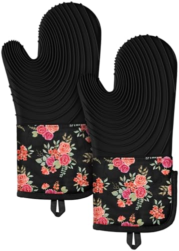 Slohif Long Silicone Oven Mitts Heat Resistant for Women - 2 Pcs Rose 100% Cotton Oven Gloves, Non-Slip and Waterproof Silicone Oven Mitts with Hanger for Baking and Cooking - color: Rose