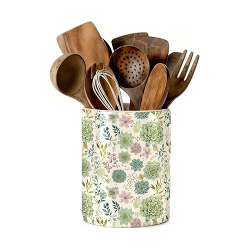 Succulent Floral Kitchen Utensil Holder, Summer Ceramic Utensil Holder , Cooking Utensil Crocks for Kitchen Countertop, Kitchen Decorations Rustic Farmhouse Decor