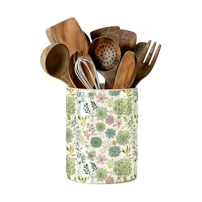Succulent Floral Kitchen Utensil Holder, Summer Ceramic Utensil Holder , Cooking Utensil Crocks for Kitchen Countertop, Kitchen Decorations Rustic Farmhouse Decor