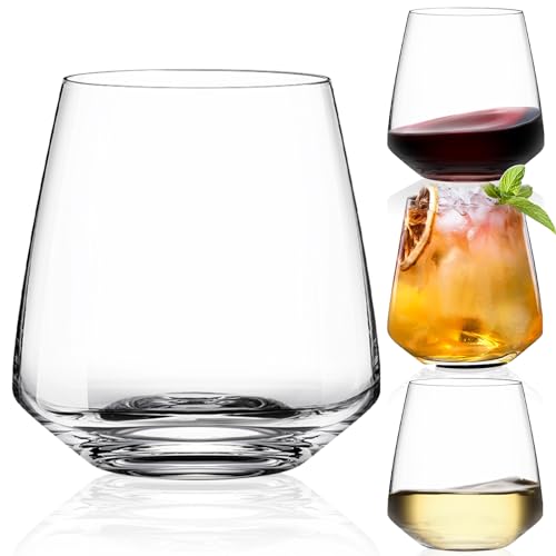Stemless Wine Glasses Set of 4-15 oz Clear-Modern Hand-Blown Wine Glasses, European Design Crystal Glass For Red & White Wine, Unique Gifts for Wedding, Birthday - style: 4 Count (Pack of 1)