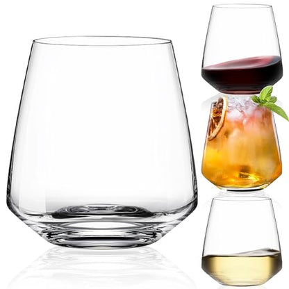 Stemless Wine Glasses Set of 4-15 oz Clear-Modern Hand-Blown Wine Glasses, European Design Crystal Glass For Red & White Wine, Unique Gifts for Wedding, Birthday - style: 4 Count (Pack of 1)