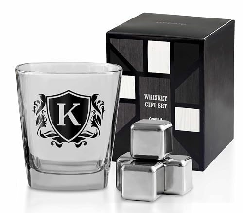 Whisky Gifts for Men, Personalized Initial Whiskey Glass with Whiskey Stones for Dad, Boyfriend, Best Friends, Coworkers, Husband, Brother, Uncle and Boss on Father's Day, Boss Day and Birthday - K - color: K