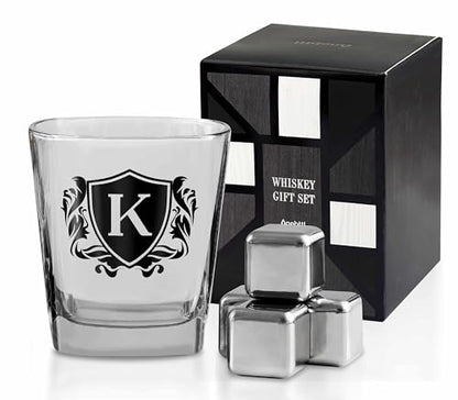 Whisky Gifts for Men, Personalized Initial Whiskey Glass with Whiskey Stones for Dad, Boyfriend, Best Friends, Coworkers, Husband, Brother, Uncle and Boss on Father's Day, Boss Day and Birthday - K - color: K