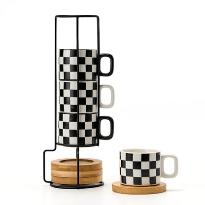 LUKA Ceramic Stackable Black and White Checkered Espresso Cups with Saucers and Metal Stand, 4 Ounce Small Demitasse Cups Set for Coffee Drinks, Latte, Tea - Set of 4 - color: 4G-White & Black