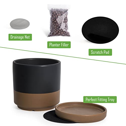 D'vine Dev 2-Pack Ceramic Pots with Saucers, 8/10 in, Black/Tan, 94-G-L-7 | Glazed Ceramic, Drainage Hole, Perfect-Fit Saucer, Sleek Cylinder Shape, High Temperature Fired, Elegant Home Accent - color: Black/Speckled Tan, size: Large