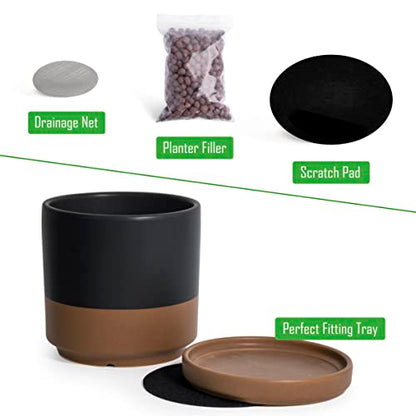 D'vine Dev 2-Pack Ceramic Pots with Saucers, 8/10 in, Black/Tan, 94-G-L-7 | Glazed Ceramic, Drainage Hole, Perfect-Fit Saucer, Sleek Cylinder Shape, High Temperature Fired, Elegant Home Accent - color: Black/Speckled Tan, size: Large