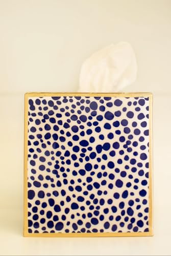 Jaye’s Studio Decorative Square Tissue Box Cover for Bathroom & Home, Premium Tissue Box Holder, Blue & White Print, Luxury Gold Trim & Accents, Shagreen Pattern, Luxury Handmade Metal Decor