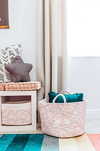 OrganiHaus Round Toy Basket & Blanket Basket, Cotton Rope 20x13" | Stitches Rainbow - Round Cotton Rope Basket, 20x13" - color: Stitches Rainbow, size: Wide