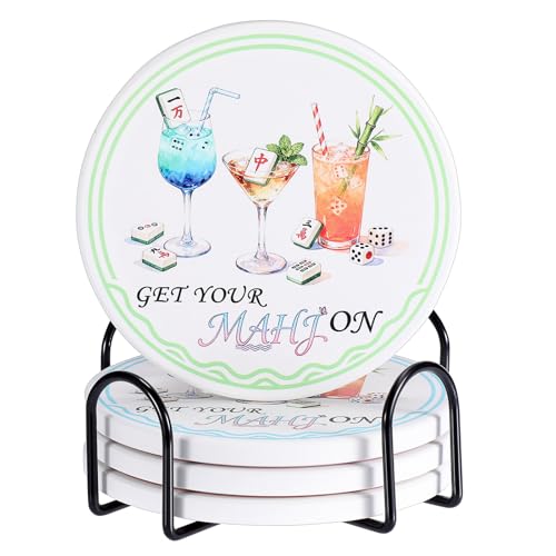 Ceramic Coasters with Holder, Mahjong Table Coasters for Drinks Set of 4 | 4x4 Inch for Most Mugs, Absorbent Round Cup Mats, Mahjong Gift and Accessories, Table Game Housewarming Party Supplies - size: 4x4 in (Style 1)