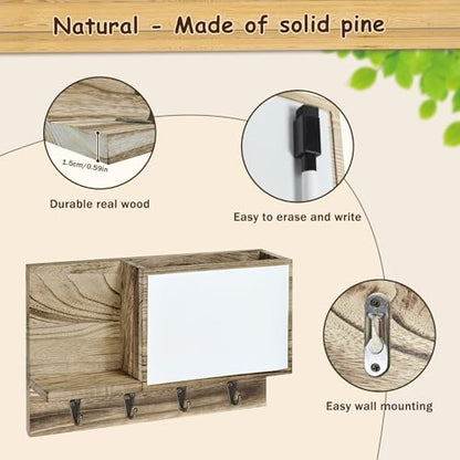 Rustic Mail and Key Holder wall Mount, Brown Solid Wood with Magnetic Whiteboard, 4 Hooks, Entryway Organizer