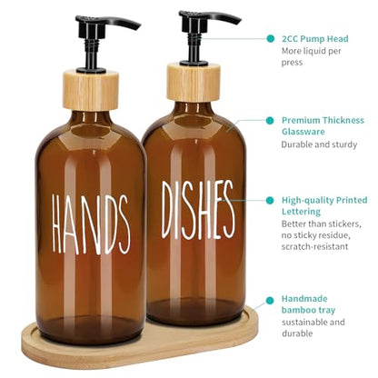 2 Pack 16 Oz Glass Soap Dispenser Set with Tray, Hand Dish Soap Dispenser Set for Bathroom and Kitchen Bottle Dispenser with Dish Soap, Hand Soap, Lotion (Amber（Hands） Amber (Dishes)) - color: Amber（hands） Amber (Dishes)