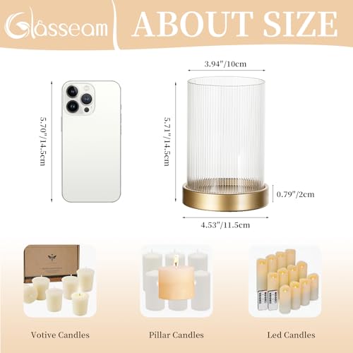 Glasseam Hurricane Glass Candle Holder: Gold Pillar Candle Holders Set of 2 Ribbed Glass Cylinder Covers with Metal Candle Tray Modern Candle Holders for Table Centerpiece Living Room Decorations | 3.94''x5.71'' Ribbed Open-End Sleeve, Fit 4'' Pillar Cand
