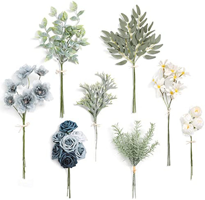 Serra Flora Fake Plant Filler Artificial Greenery Stems Combo Box Set 42pcs with 8 Kinds of Faux Greenery Picks for DIY Bridal Bouquets Wedding Floral Arrangement Table Centerpieces - color: Dusty Blue