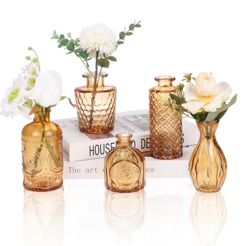 5pcs Amber Glass Bud Vase Set, Gold Small Flower Vases for Centerpieces | Mini Vintage Glass Vase for Centerpieces, Decorative Flower Vases for Wedding Home Table Decor - color: Amber, size: 5pcs