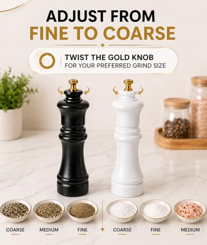 Wooden Black and White Manual Refillable Large Salt and Pepper Grinder Set, Shaker with Adjustable Ceramic Grinding Mechanism for Customized Coarseness, 8 Inches, Pack of 2