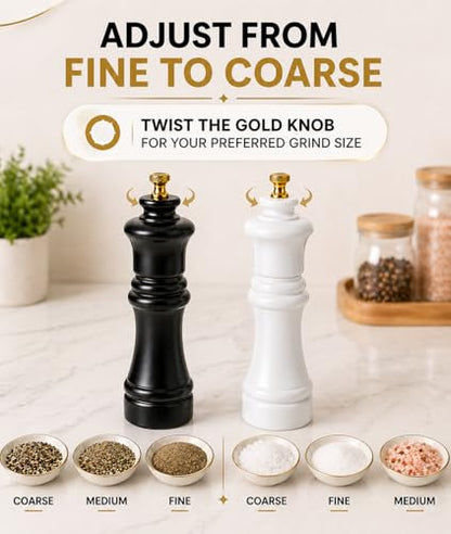 Wooden Black and White Manual Refillable Large Salt and Pepper Grinder Set, Shaker with Adjustable Ceramic Grinding Mechanism for Customized Coarseness, 8 Inches, Pack of 2