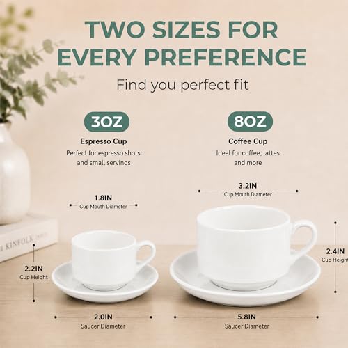 3 Ounce Espresso Cups Set of 4, White | Stackable Demitasse Mugs, Includes Display Stand, Cups Saucers, and Spoons, for Machines & Home Use - color: White