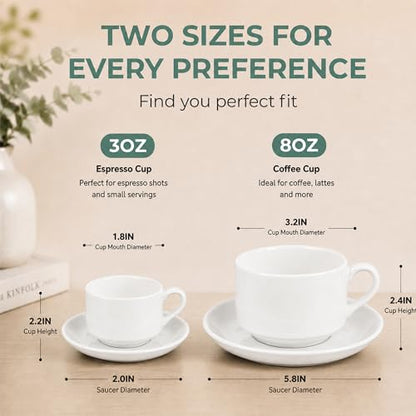3 Ounce Espresso Cups Set of 4, White | Stackable Demitasse Mugs, Includes Display Stand, Cups Saucers, and Spoons, for Machines & Home Use - color: White