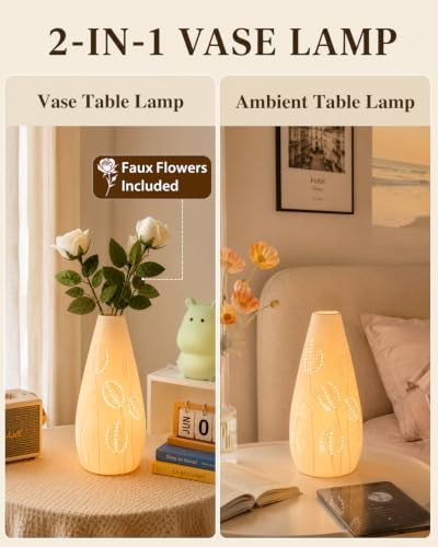 Ceramic Vase Table Lamp - 2700K Bulb & 3 Artificial Flowers Included | Handmade Openwork Craft - Inline Switch - E12 Socket - Tulip 11" - style: Tulip