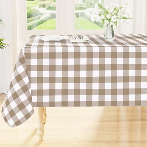 Smiry Square Table Cloth, Waterproof Vinyl Tablecloth with Flannel Backing, Wipeable Buffalo Plaid Table Cover for Picnic, Indoor and Outdoor (Khaki & White, 54"x54") - color: Khaki & White, size: 54" x 54" (Square)
