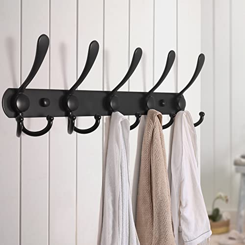 Coat Rack Wall Mounted - 5 Tri Hooks, Heavy Duty, Stainless Steel, Metal Coat Hook Rail for Coat Hat Towel Purse Robes Mudroom Bathroom Entryway (Black, 2 Packs) - color: Black, size: L=16" (2 Pcs)