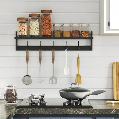 BAMEOS Wall-Mounted Shelf with Hooks - 28.9 Inch Entryway Hanging Shelf with 5 Dual Hooks for Bathroom, Living Room, Bedroom (Black) - style: Black-28.9IN with shelf