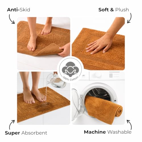 Akiko 100% Cotton Bath Mat, Soft Plush Reversible Bathroom Rug 20x32 Gold | Bath Mats for Bathroom Absorbent Quick Dry Anti-Skid Machine Washable Bath Mats for Bathroom Shower Bathtub - color: Gold