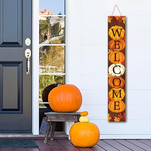 47" Fall Wooden Porch Sign Vertical Fall Welcome Standing Signs Pumpkin Leaves Standing Welcome Porch Sign for Outdoor Autumn Thanksgiving Harvest Home Garden Yard Farmhouse Front Door Decor